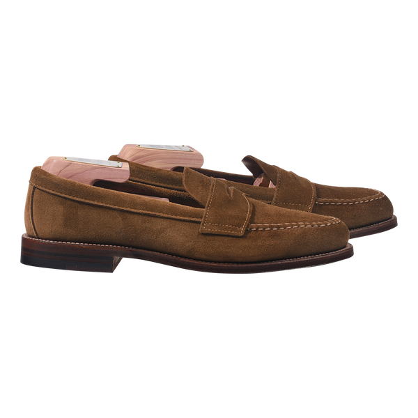 Alden Unlined Handsewn Penny Loafer in Snuff Suede with Flex Welt Leather Sole